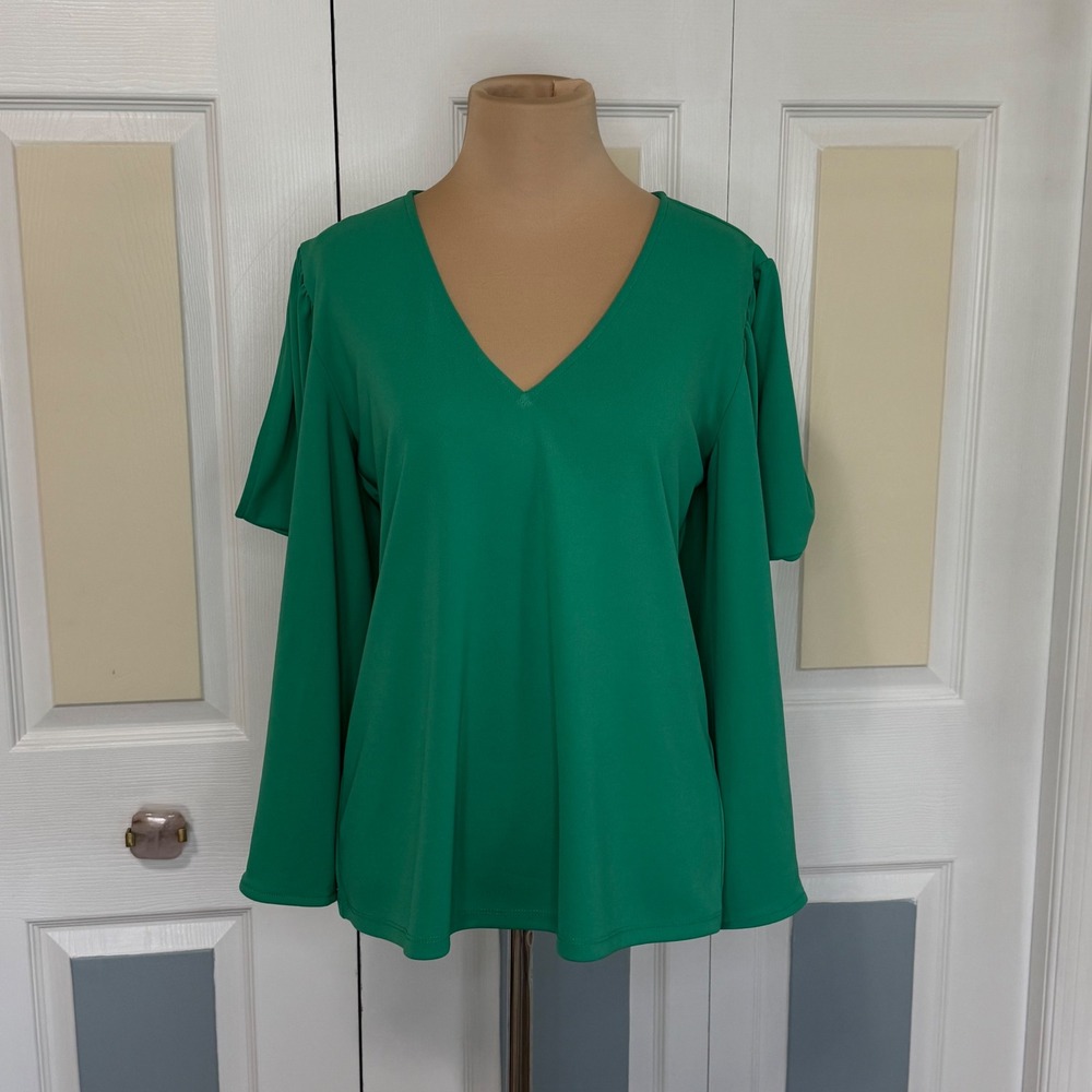 Karl Lagerfeld Paris Emerald Green V-Neck Puff Split Sleeve Blouse L1CH7852